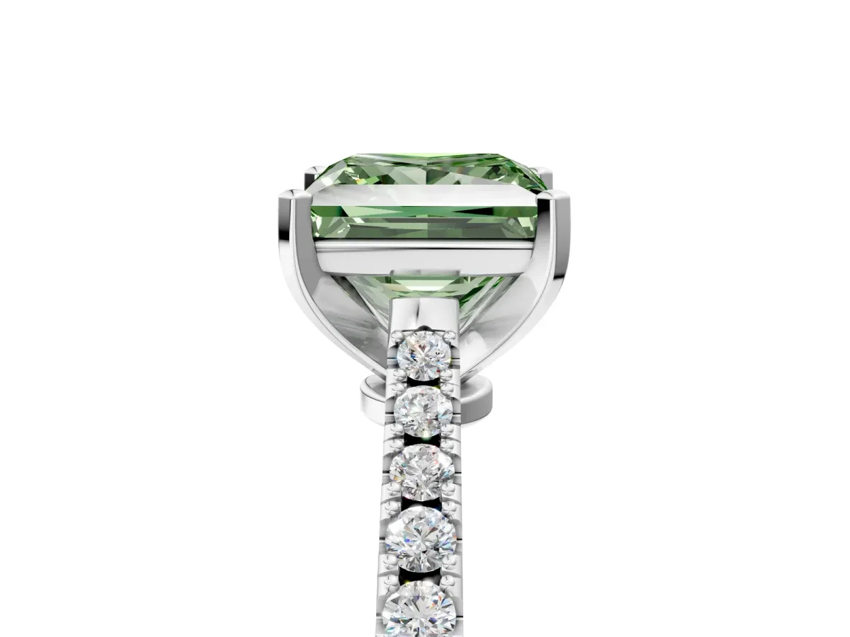 Fancy Green Princess Cut Cut Solitaire Diamond Engagement Ring with Pave Band and Four-Prong Setting White gold