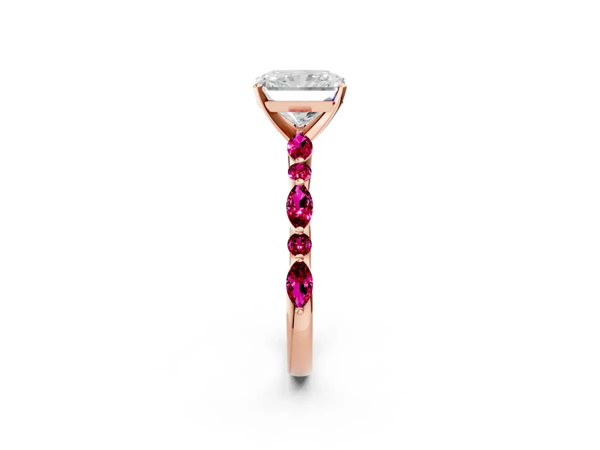 Radiant Cut Diamond Ring with Marquise and Round Garnet Side Stones and Four-Prong Setting Rose gold