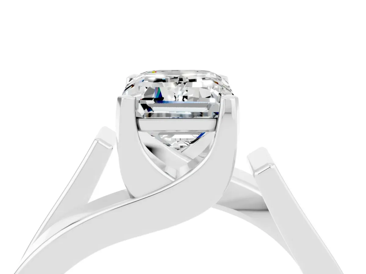 Modern Tension Set Emerald Cut Moissanite Solitaire Wide Band Ring Platinum