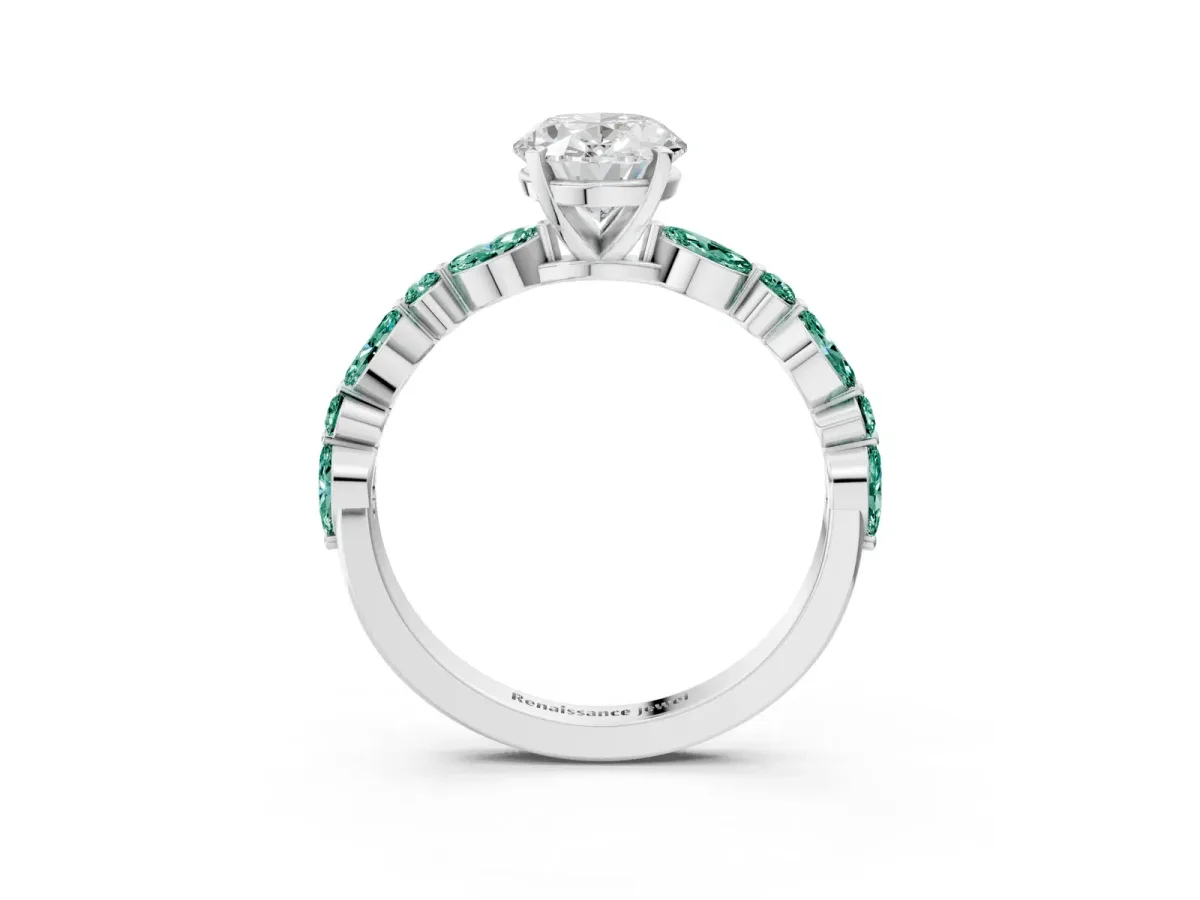 Oval Cut Diamond Ring with Marquise and Round Green Sapphire Side Stones and Four-Prong Setting White gold