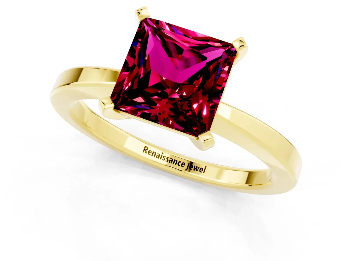 Princess Cut Garnet Solitaire Engagement Ring with Classic Band and Four-Prong Setting Yellow gold