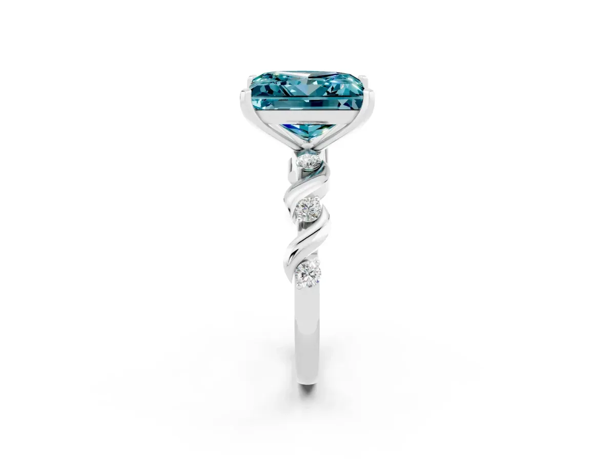 Princess Cut Blue Topaz Solitaire Twisted Band with Round Accents and Prong Setting White gold