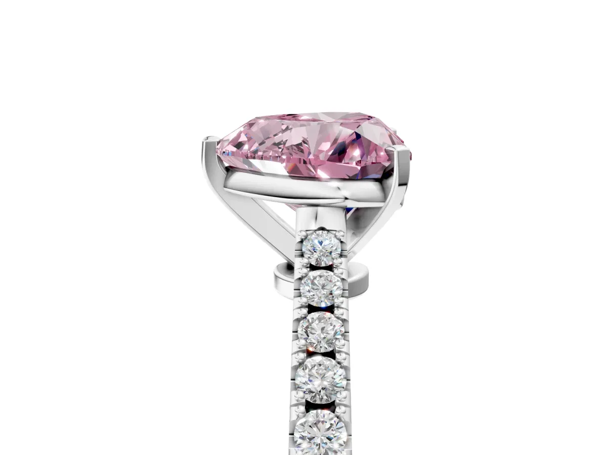 Fancy Pink Heart Cut Cut Solitaire Diamond Engagement Ring with Pave Band and Four-Prong Setting White gold