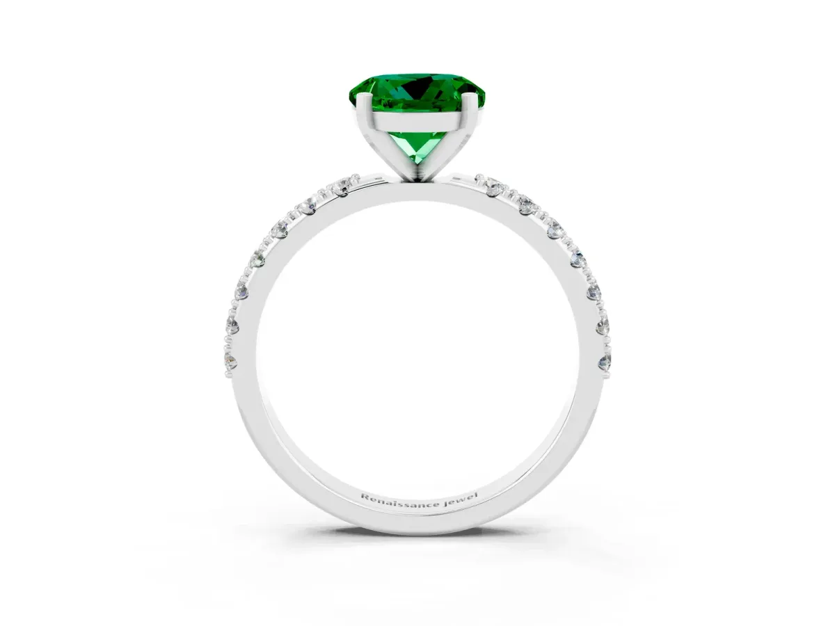 Round Cut Emerald Solitaire Pavé Band with Four-Prong Setting White gold