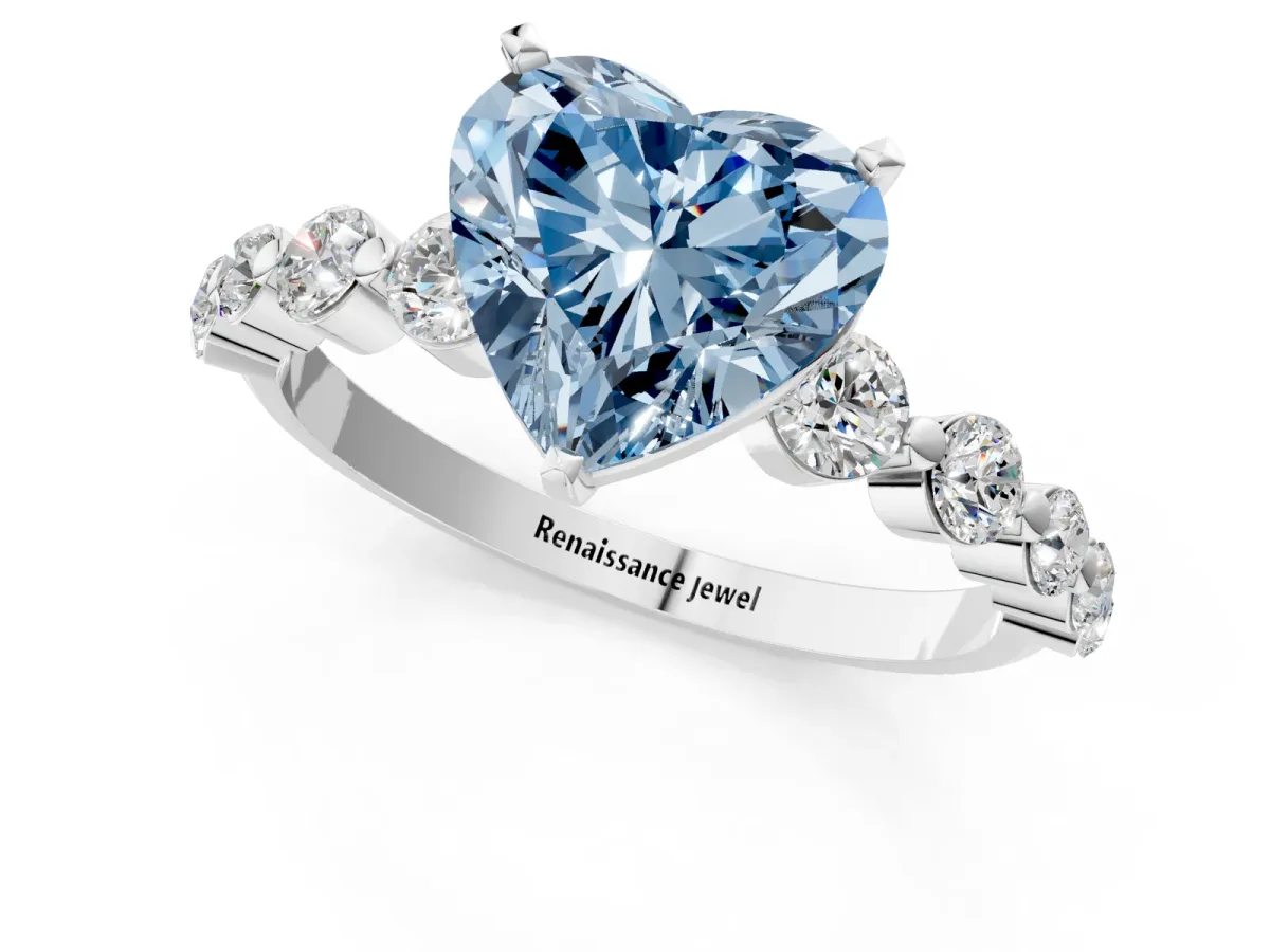 Fancy Blue Heart Cut Solitaire Diamond Ring with Pave Band and Four-Prong Setting Platinum