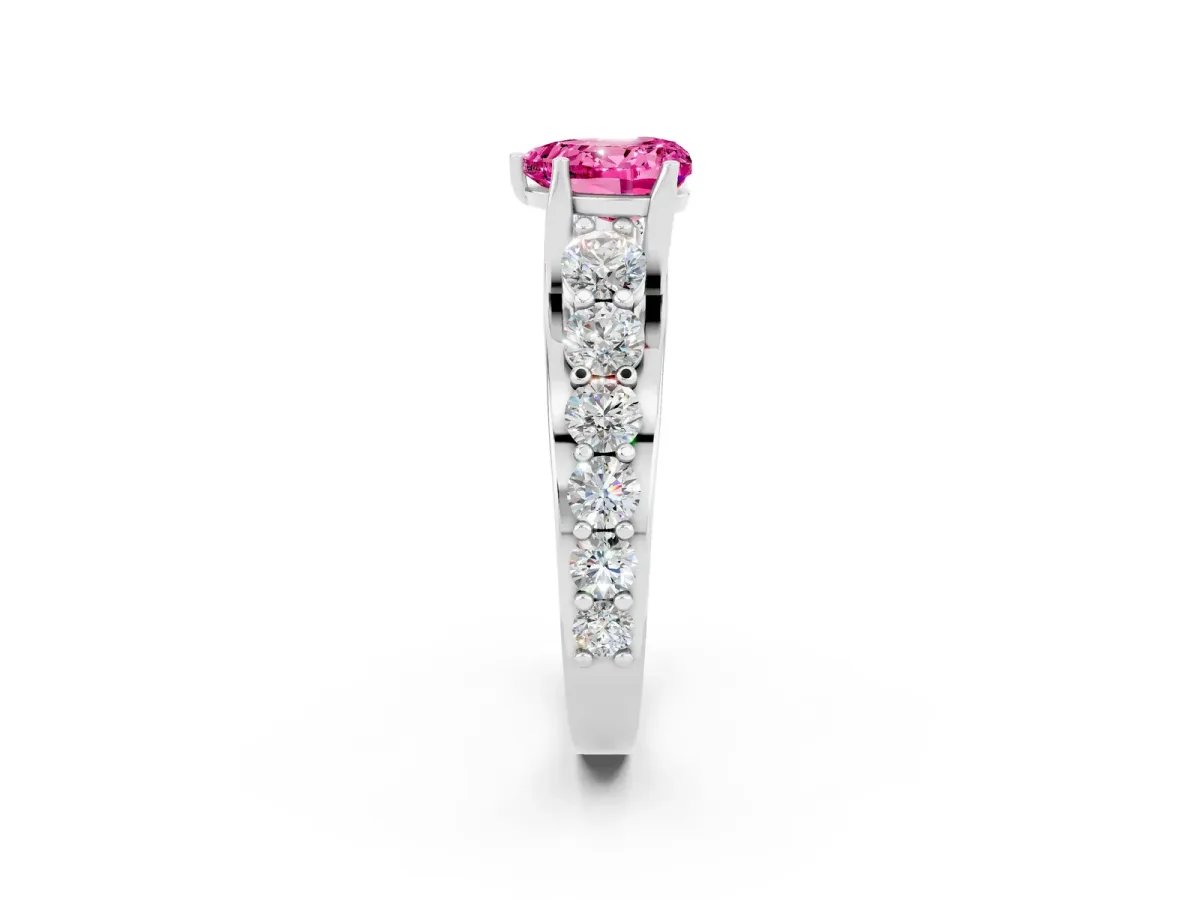 Heart Cut Pink Sapphire Engagement Ring with Pavé Band and Four-Prong Setting White gold