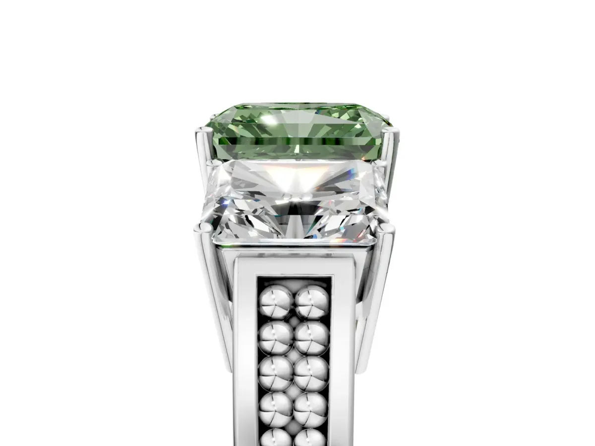Fancy Green Radiant Cut Diamond Three-Stone Ring with Prong Setting and Textured Band Platinum