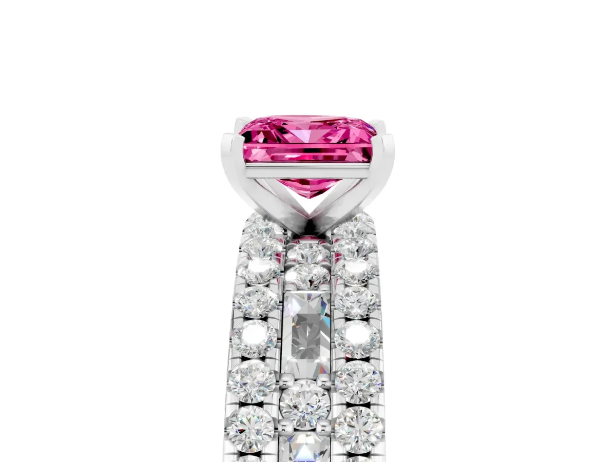 Princess Cut Pink Sapphire Solitaire Ring with Pavé and Channel Set Band White gold