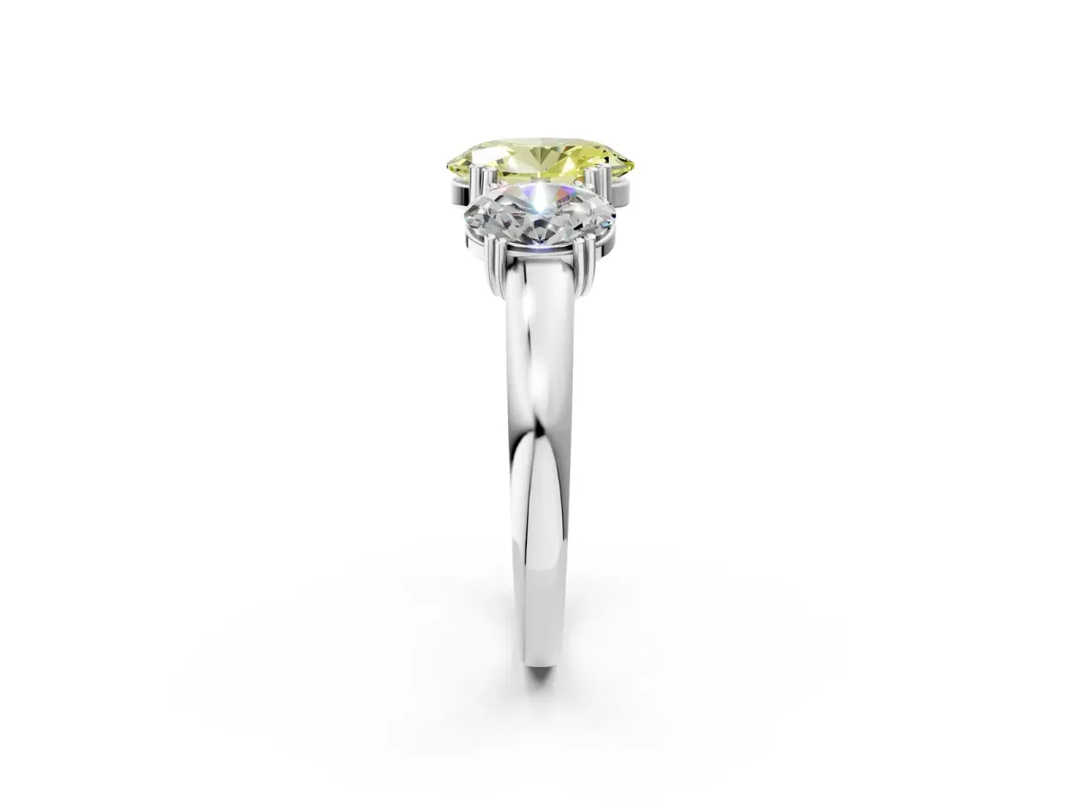 Fancy Yellow Three-Stone Oval Cut Cut Diamond Ring with Channel Set Band and Four-Prong Setting Silver