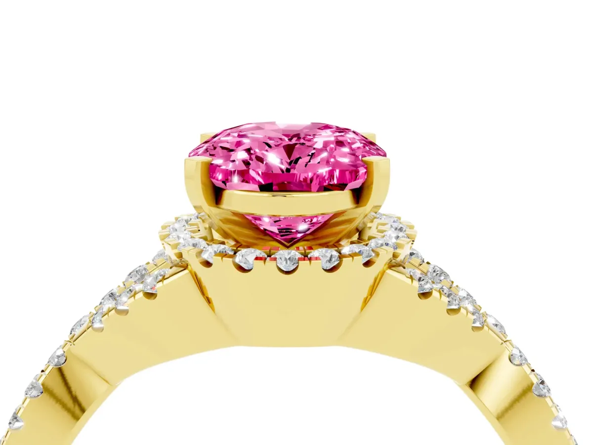 Oval Cut Pink Sapphire Halo Twist Band Solitaire Prong Setting Ring Yellow gold