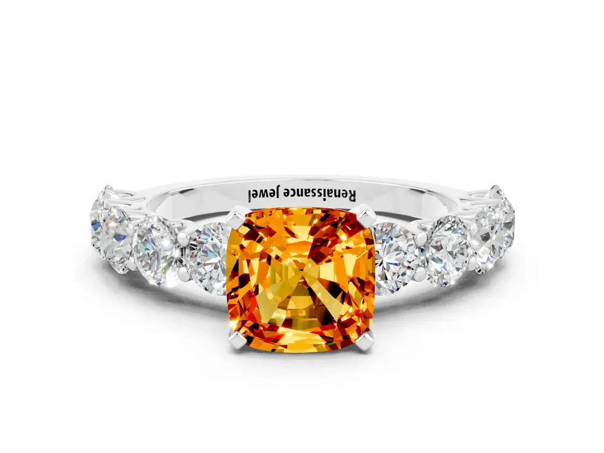 Cushion Cut Citrine Prong Setting with Side Stones on a Pave Band Silver