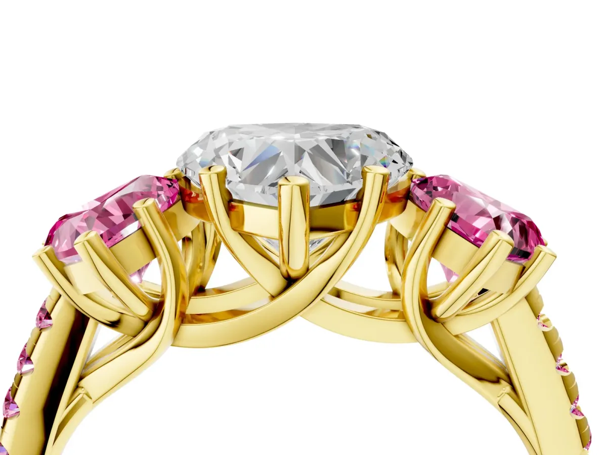 Three-Stone Heart Cut Diamond Ring with Round Pink Sapphire Pavé Band and Prong Setting Yellow gold