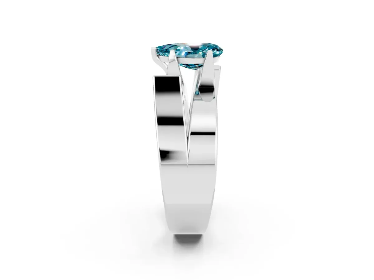 Modern Tension Set Pear Cut Blue Topaz Solitaire Wide Band Ring Platinum