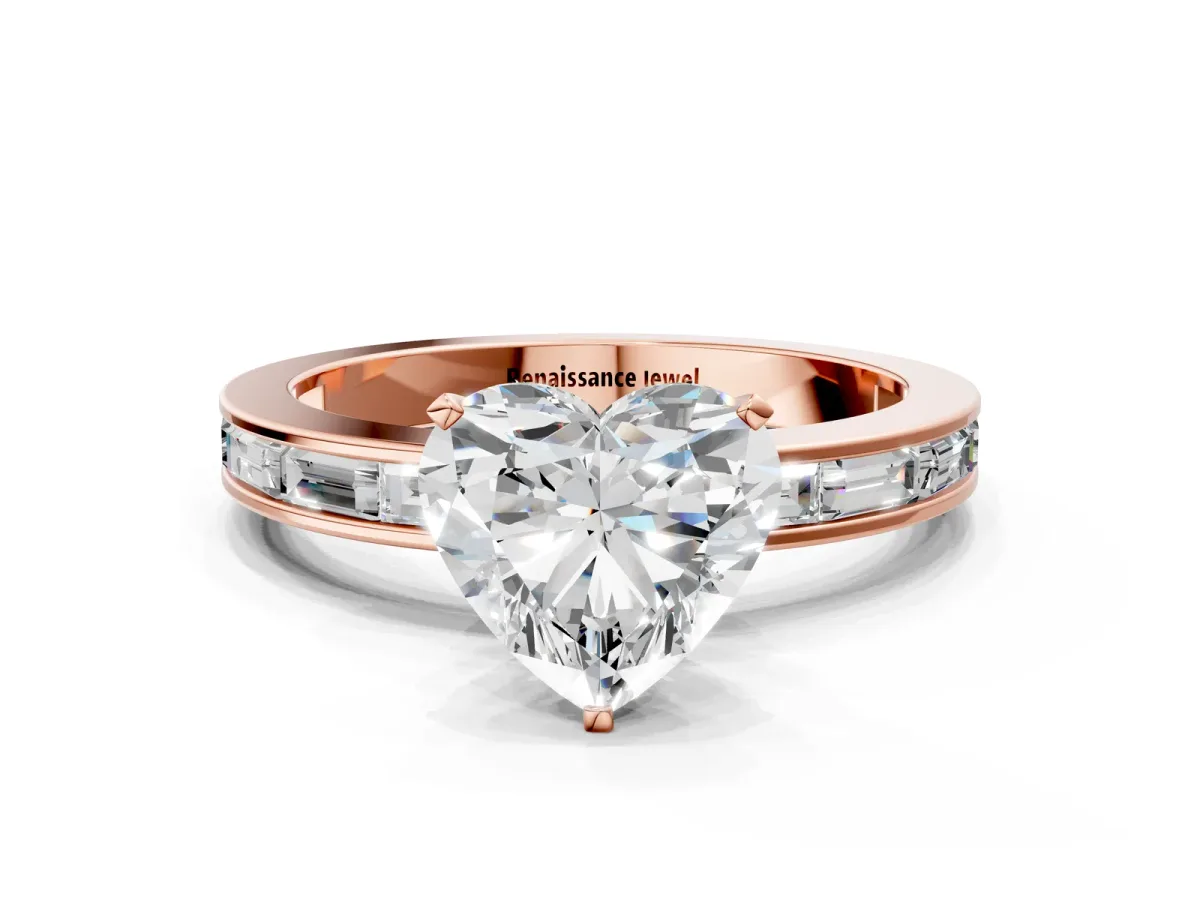 Heart Cut Solitaire Diamond Ring with Channel-Set Baguette Band and Four-Prong Setting Rose gold