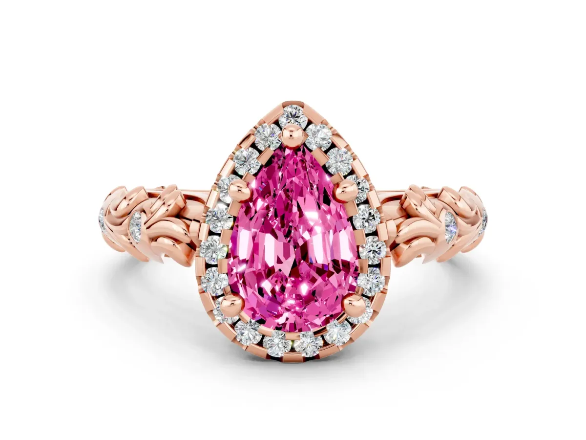Pear Cut Pink Sapphire Halo Ring with Filigree Band and Prong Setting Rose gold