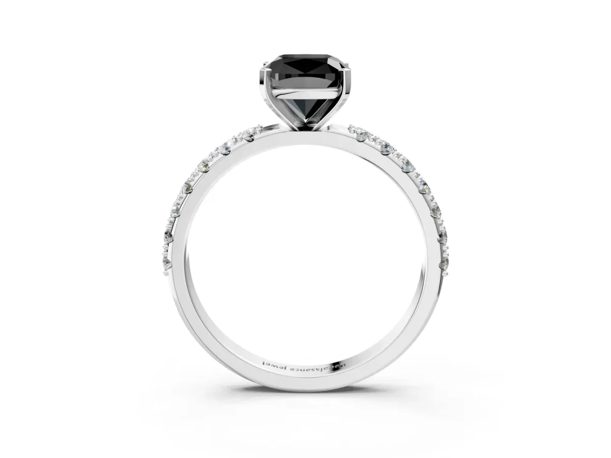 Fancy Black Cushion Cut Diamond Solitaire Pavé Band with Four-Prong Setting Platinum