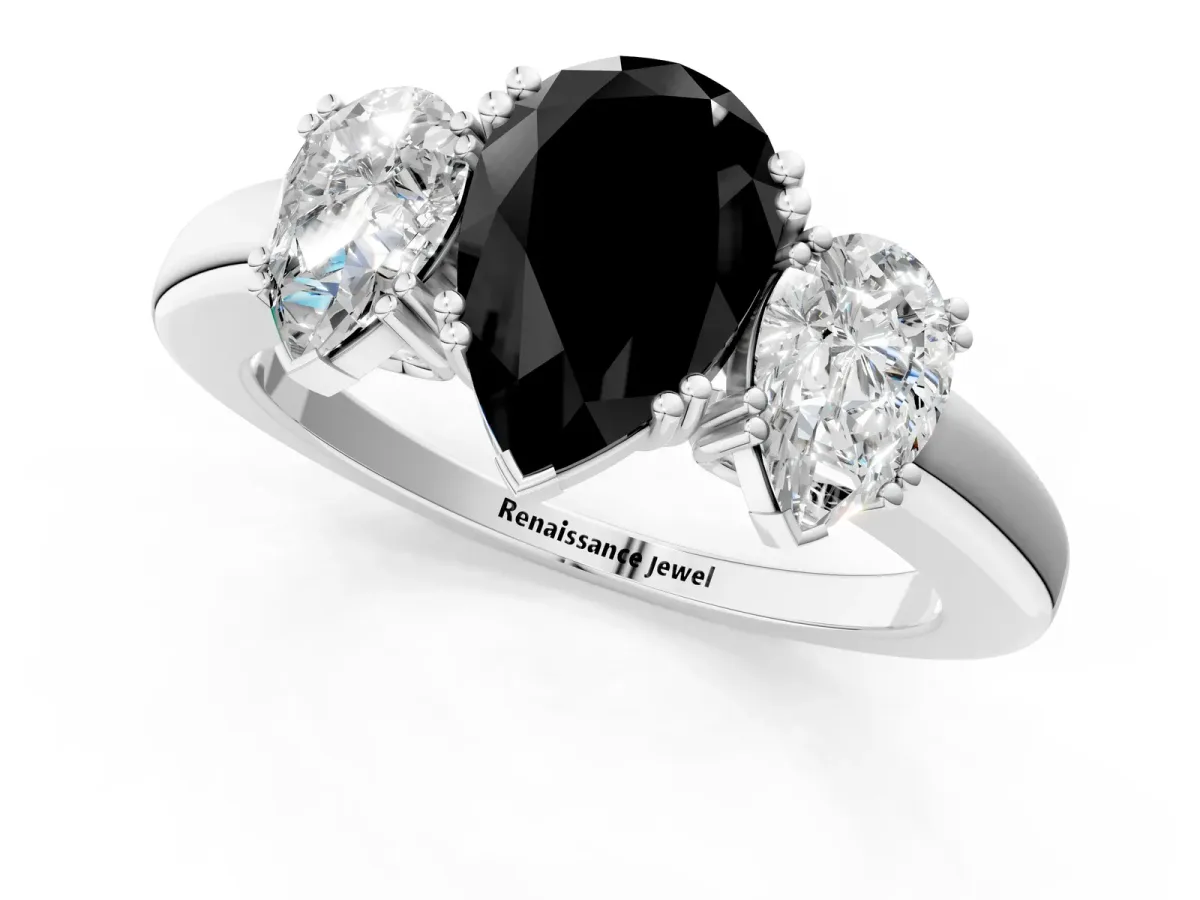 Fancy Black Three-Stone Pear Cut Cut Diamond Ring with Channel Set Band and Four-Prong Setting Silver