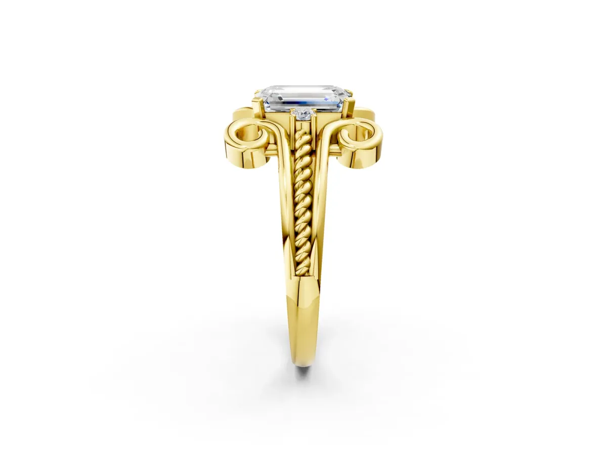 Emerald Cut Solitaire Twisted Band Scroll Prong Ring Yellow gold