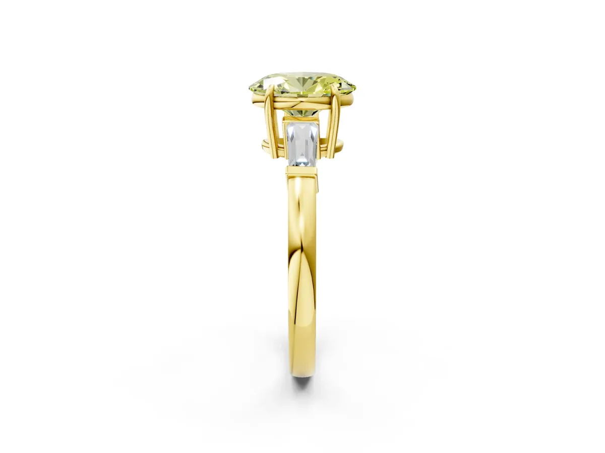 Fancy Yellow Oval Cut Diamond Three-Stone Ring with Tapered Baguette Side Stones and Prong Setting Yellow gold