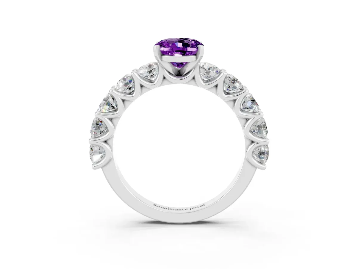 Oval Cut Amethyst Prong Setting with Side Stones on a Pave Band Silver