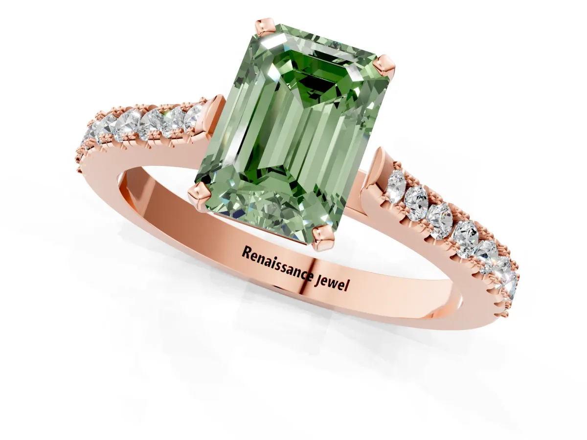 Fancy Green Emerald Cut Cut Solitaire Diamond Engagement Ring with Pave Band and Four-Prong Setting Rose gold