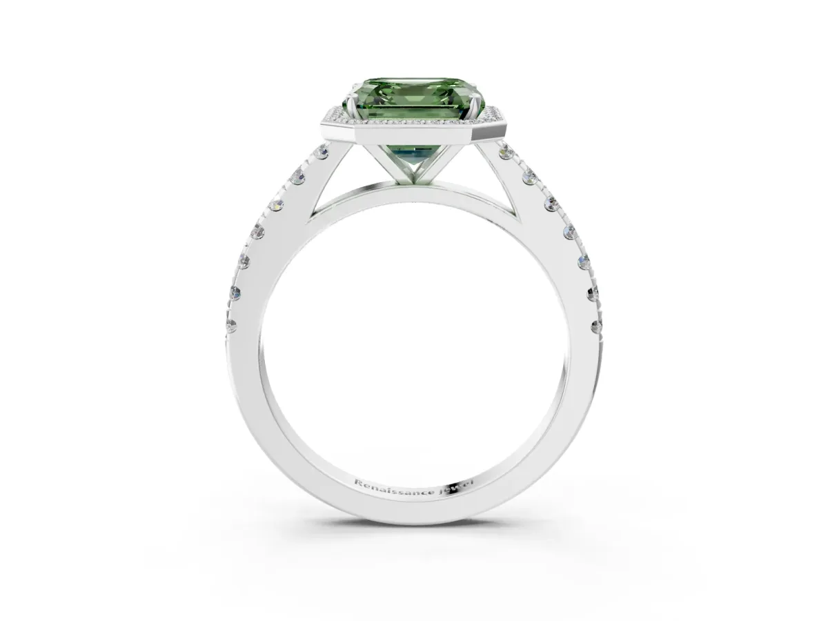 Fancy Green Asscher Cut Cut Halo Diamond Engagement Ring with Pave Band and Four-Prong Setting Platinum