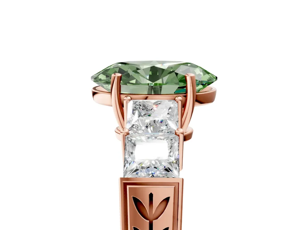 Fancy Green Oval Cut Solitaire Princess Side Stone Engraved Band Prong Setting Ring Rose gold