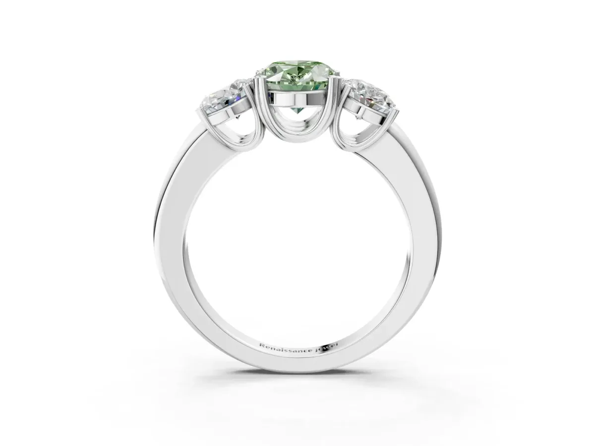 Fancy Green Three-Stone Oval Cut Cut Diamond Ring with Channel Set Band and Four-Prong Setting Silver