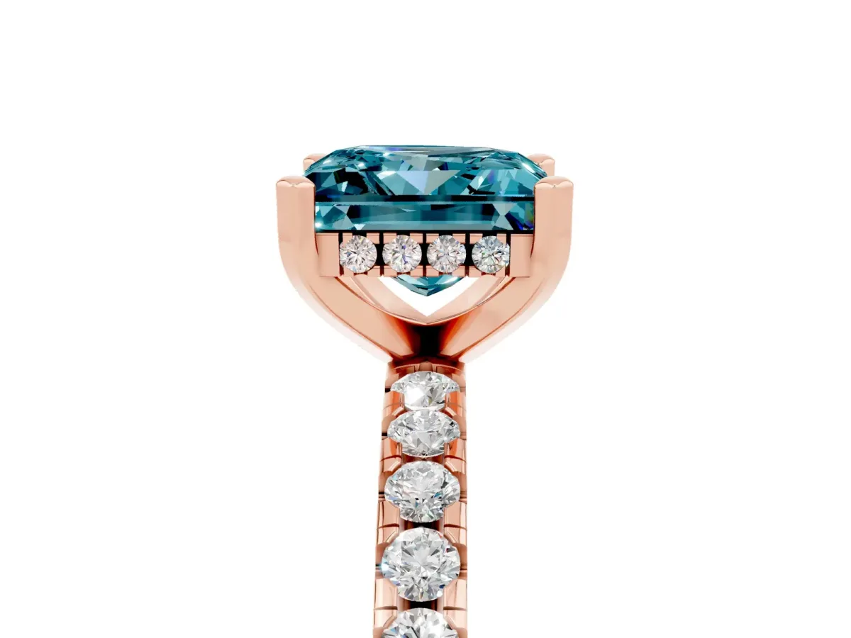 Princess Cut Blue Topaz Solitaire Ring with Round Pavé Band and Four-Prong Setting Rose gold