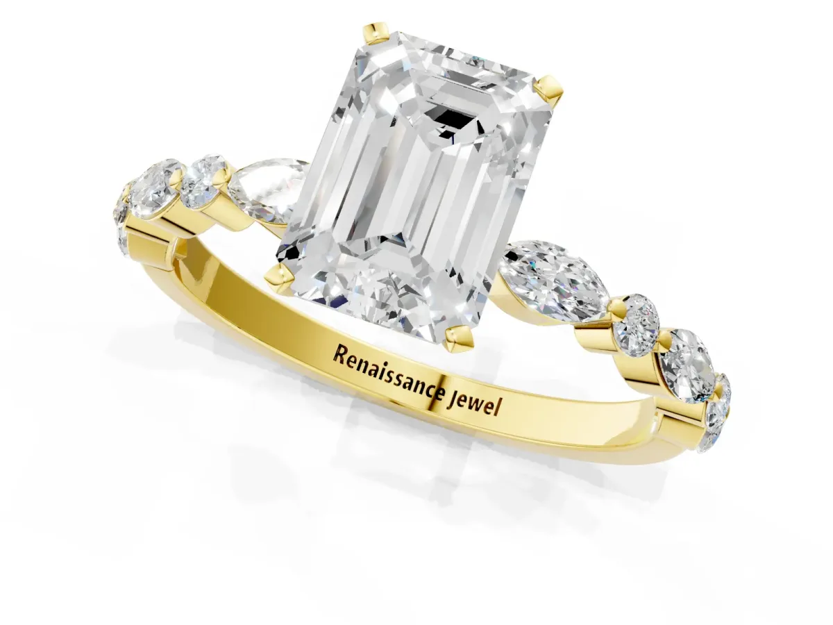 Emerald Cut Diamond Ring with Marquise and Round Moissanite Side Stones and Four-Prong Setting Yellow gold
