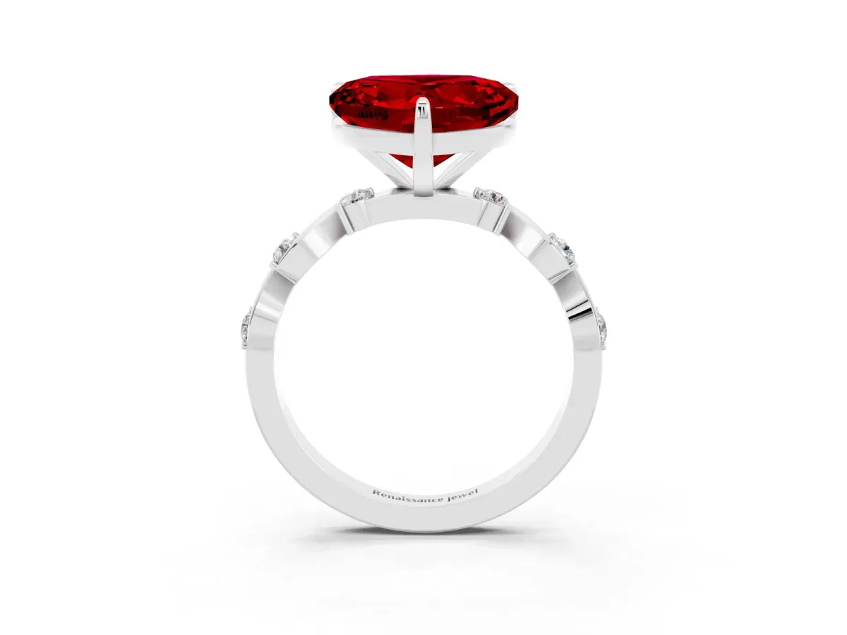 Heart Cut Ruby Solitaire Twisted Band with Round Accents and Prong Setting Silver