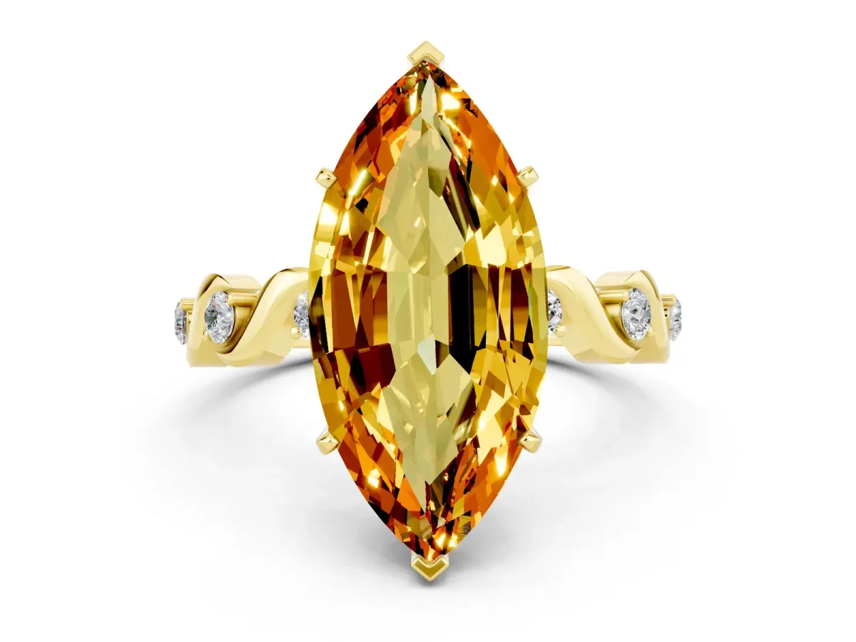 Marquise Cut Citrine Solitaire Twisted Band with Round Accents and Prong Setting Yellow gold