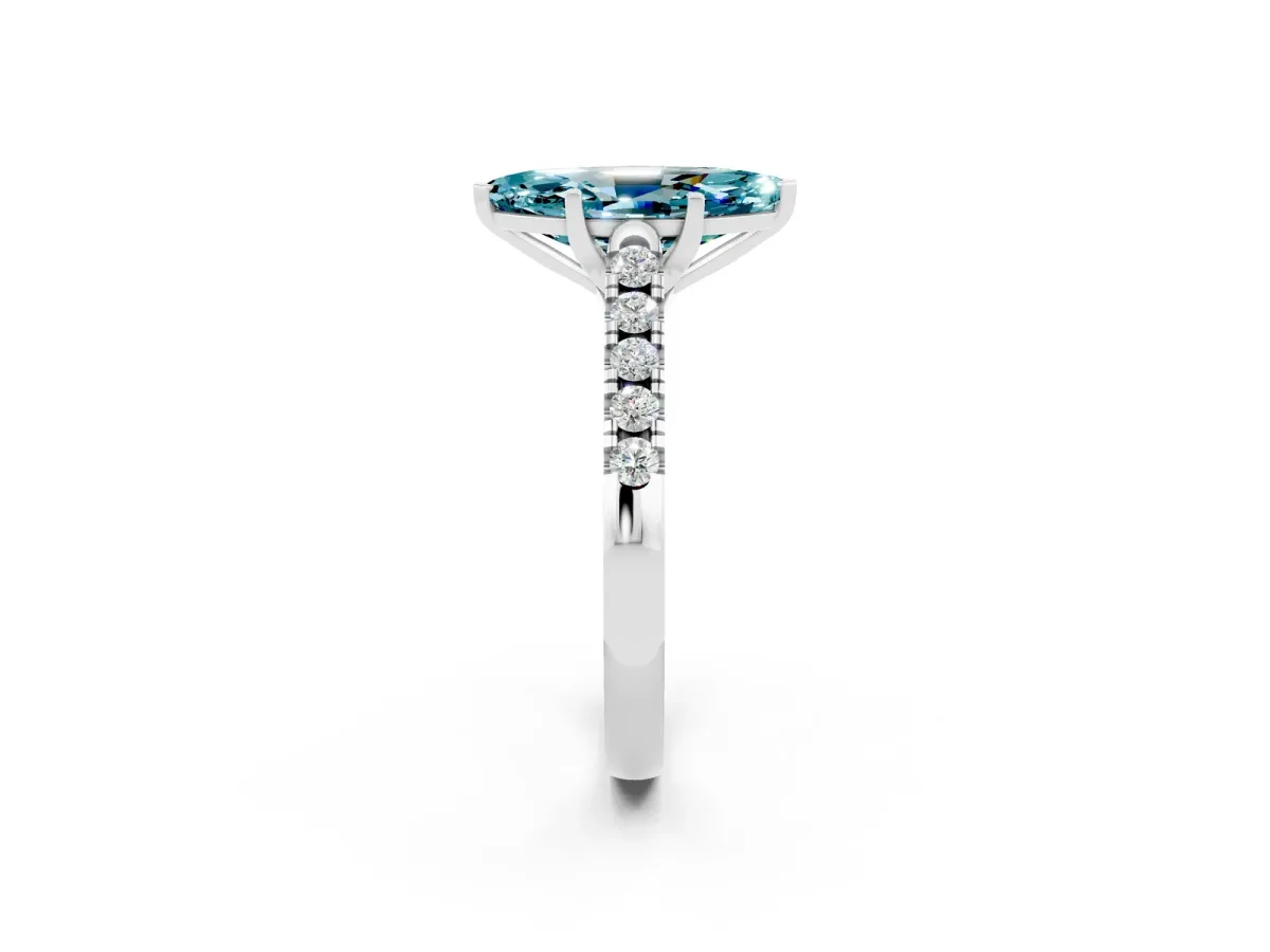 Marquise Cut Blue Topaz Pavé Band Solitaire Ring with Prong Setting Silver
