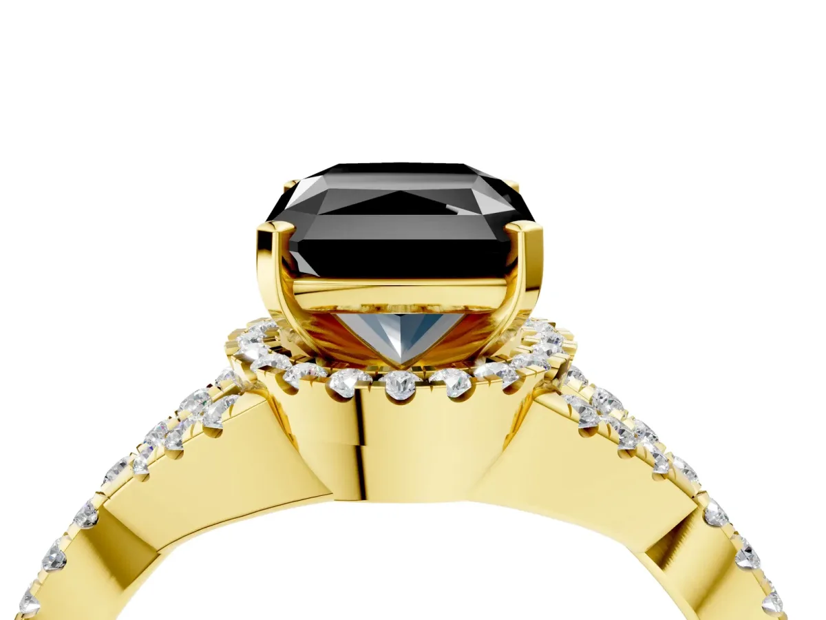 Fancy Black Radiant Cut Diamond Halo Twist Band Solitaire Prong Setting Ring Yellow gold