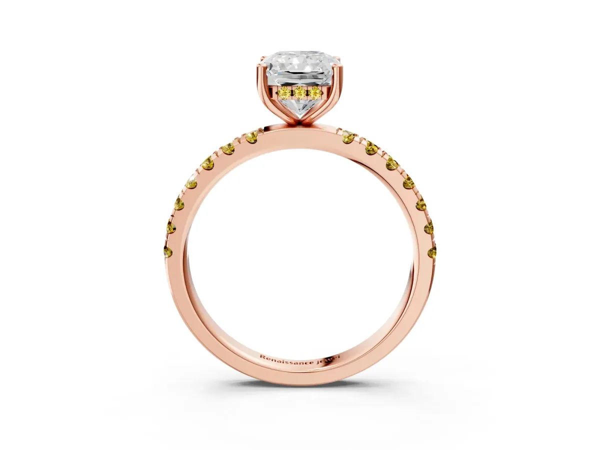 Radiant Cut Diamond Pave Band Solitaire Ring with Round Yellow Sapphire and Prong Setting Rose gold
