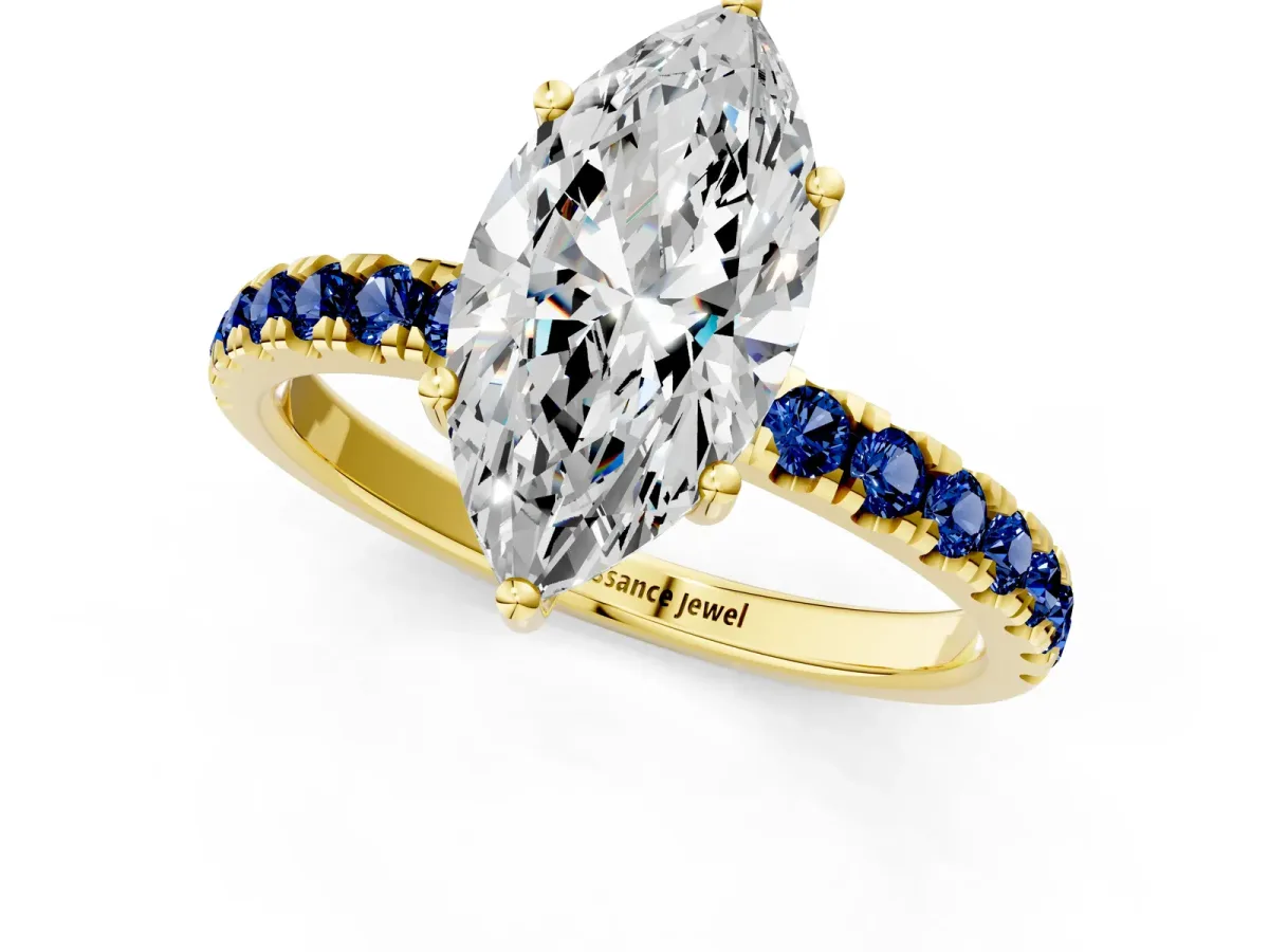 Marquise Cut Diamond Pave Band Solitaire Ring with Round Blue Sapphire and Prong Setting Yellow gold