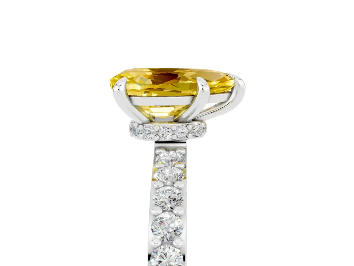 Pear Cut Yellow Sapphire Solitaire Engagement Ring with Pavé Band and Four-Prong Setting White gold