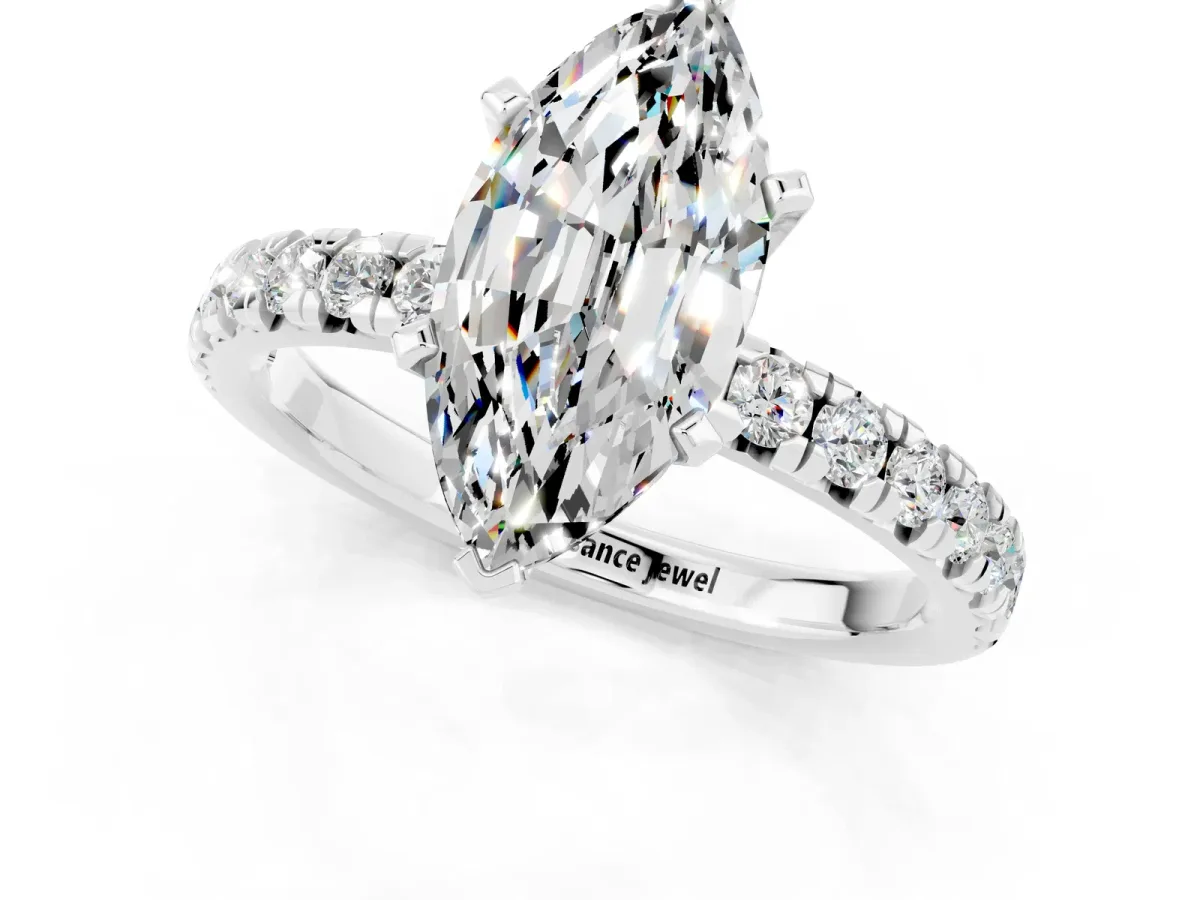 Marquise Cut Moissanite Solitaire Pavé Engagement Ring with Round Band and Prong Setting White gold