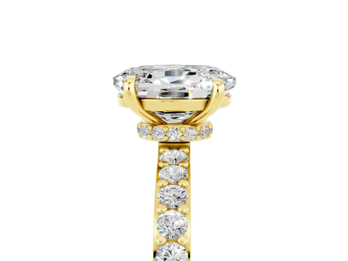 Oval Cut Moissanite Solitaire Engagement Ring with Pavé Band and Four-Prong Setting Yellow gold