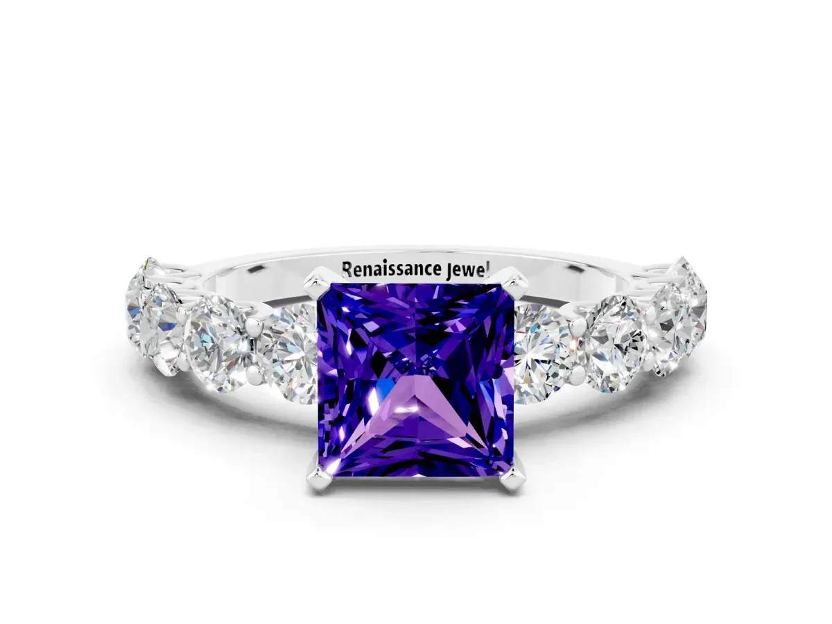 Princess Cut Tanzanite Prong Setting with Side Stones on a Pave Band Silver