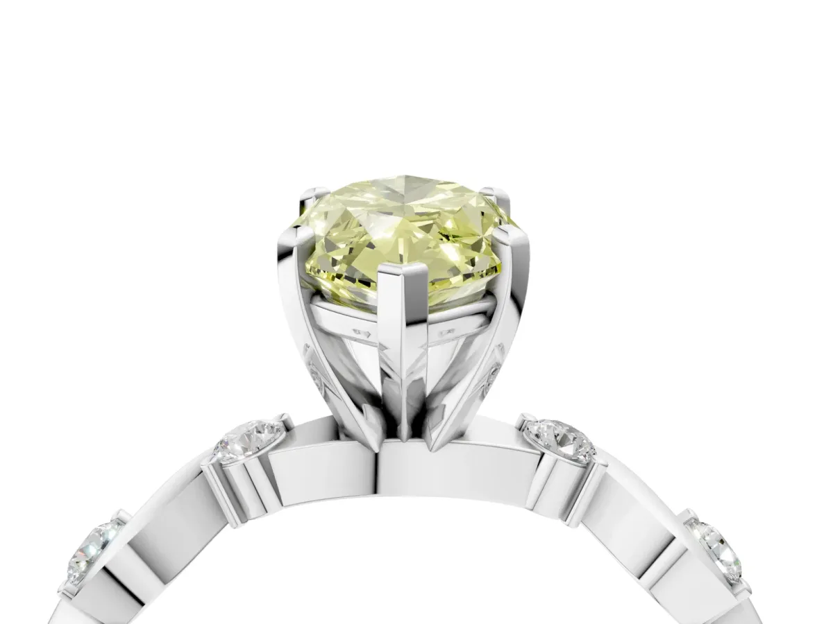 Fancy Yellow Marquise Cut Diamond Solitaire Twisted Band with Round Accents and Prong Setting White gold
