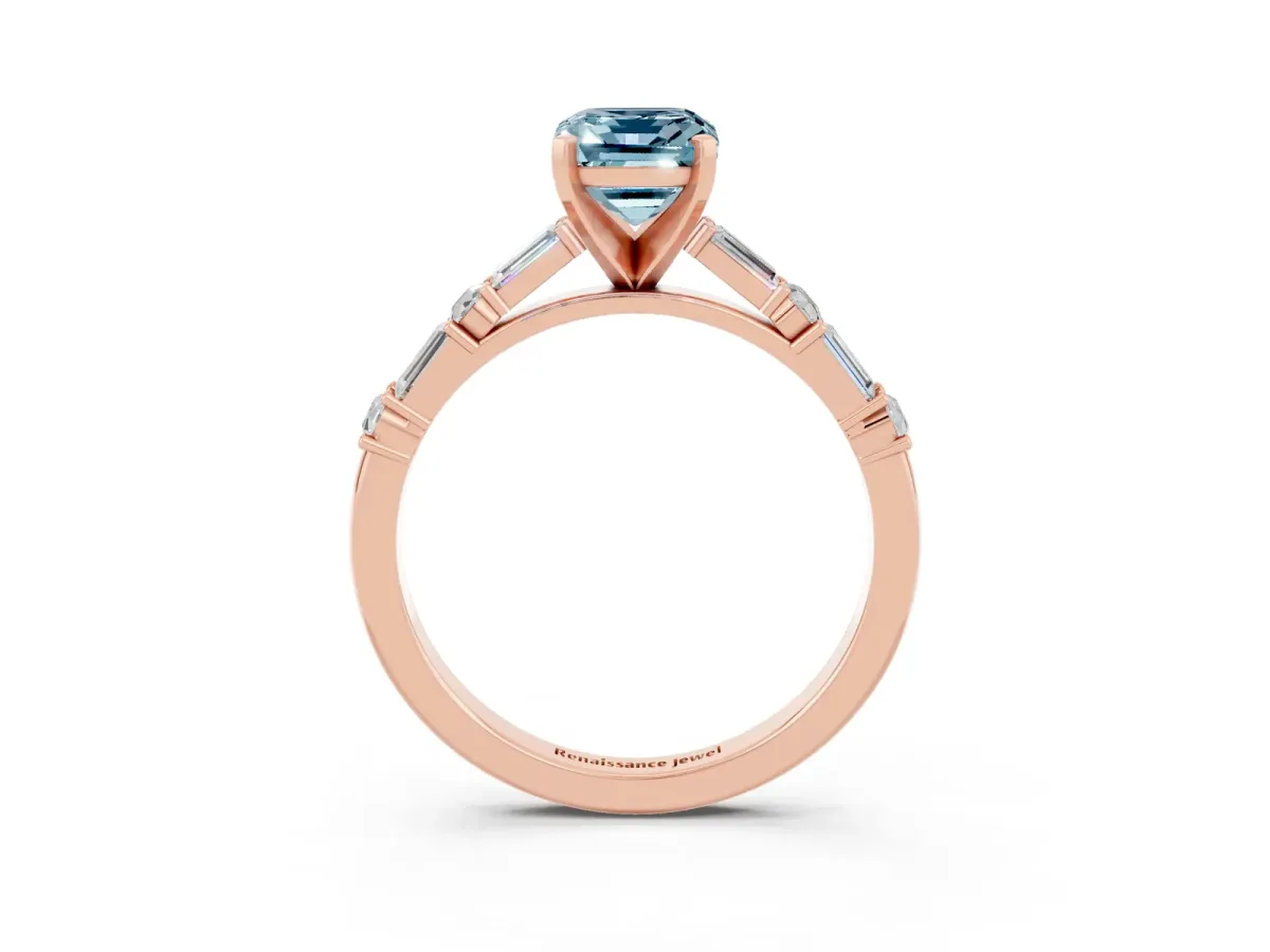 Emerald Cut Aquamarine Solitaire with Side Baguettes and Channel Set Band Rose gold