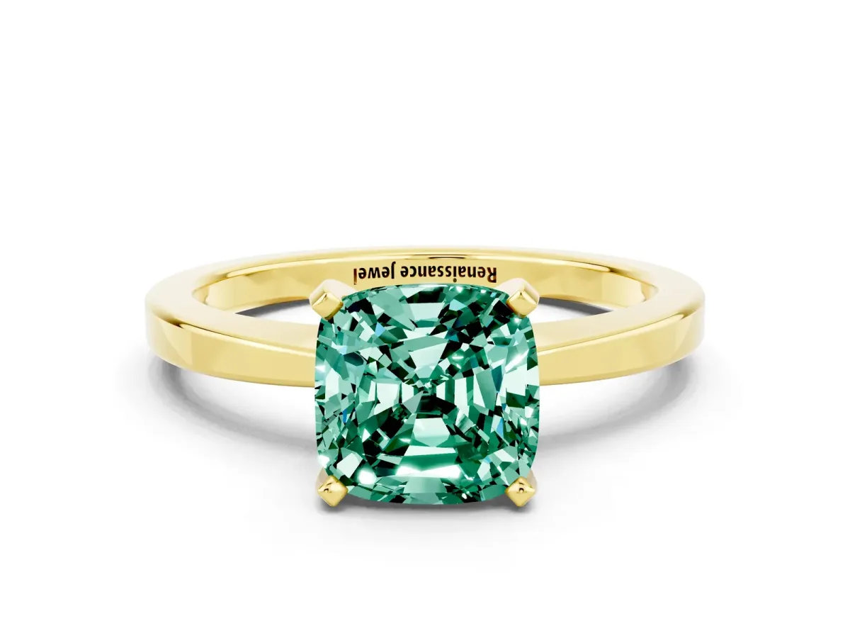 Cushion Cut Green Sapphire Solitaire Engagement Ring with Classic Band and Four-Prong Setting Yellow gold