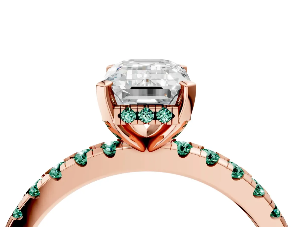 Emerald Cut Diamond Solitaire Ring with Round Green Sapphire Pavé Band and Four-Prong Setting Rose gold