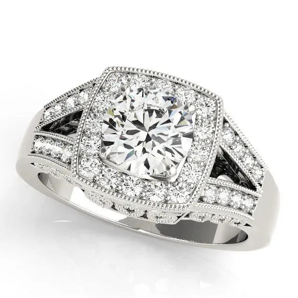 Heart Cut Halo Split Shank Diamond Ring with Milgrain Prong Setting Platinum