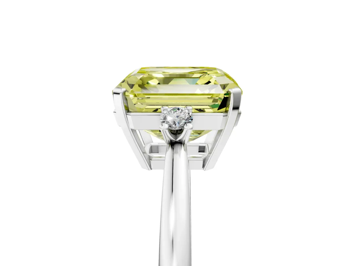 Fancy Yellow Asscher Cut Cut Three-Stone Solitaire Ring with Round Accent Diamonds and Four-Prong Setting Platinum