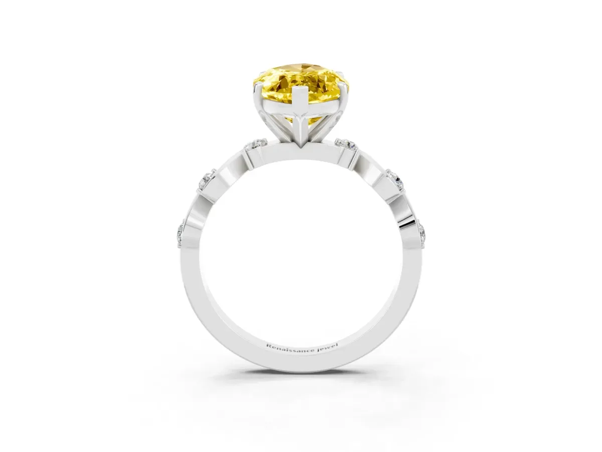 Marquise Cut Yellow Sapphire Solitaire Twisted Band with Round Accents and Prong Setting Platinum