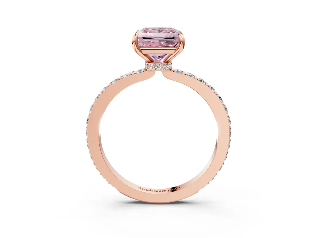 Fancy Pink Princess Cut Diamond Solitaire Engagement Ring with Pavé Band and Four-Prong Setting Rose gold