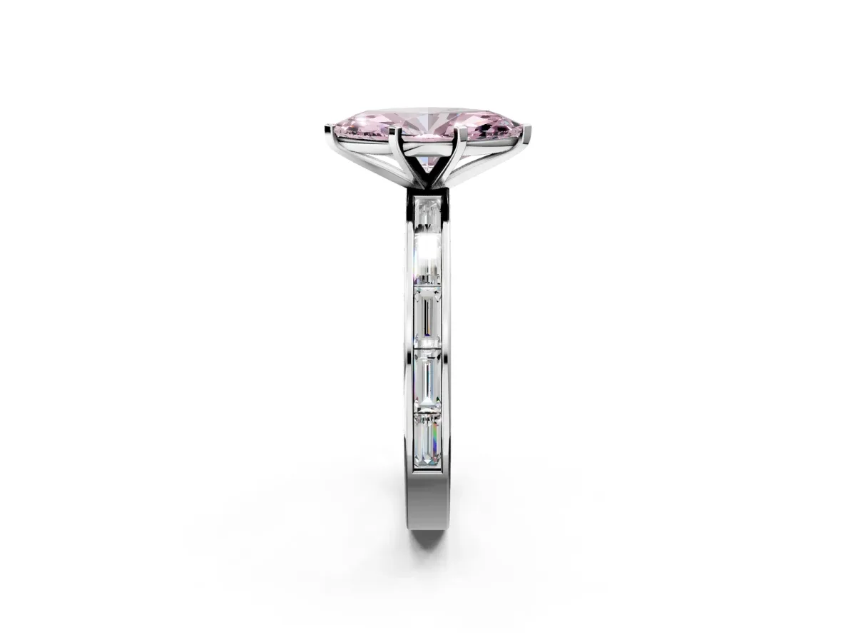Fancy Pink Marquise Cut Solitaire Diamond Ring with Channel-Set Baguette Band and Four-Prong Setting Platinum