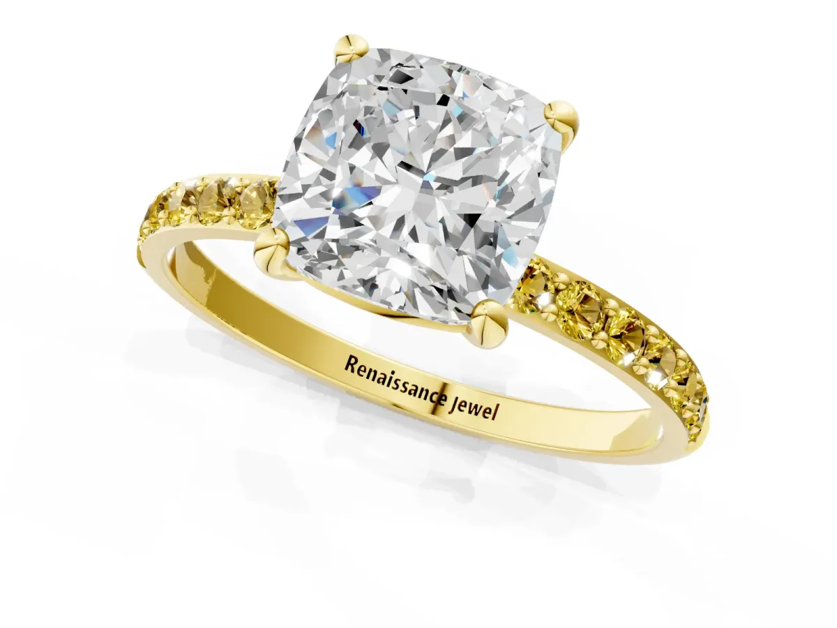 Cushion Cut Diamond Solitaire Ring with Round Yellow Sapphire Pavé Band and Prong Setting Yellow gold